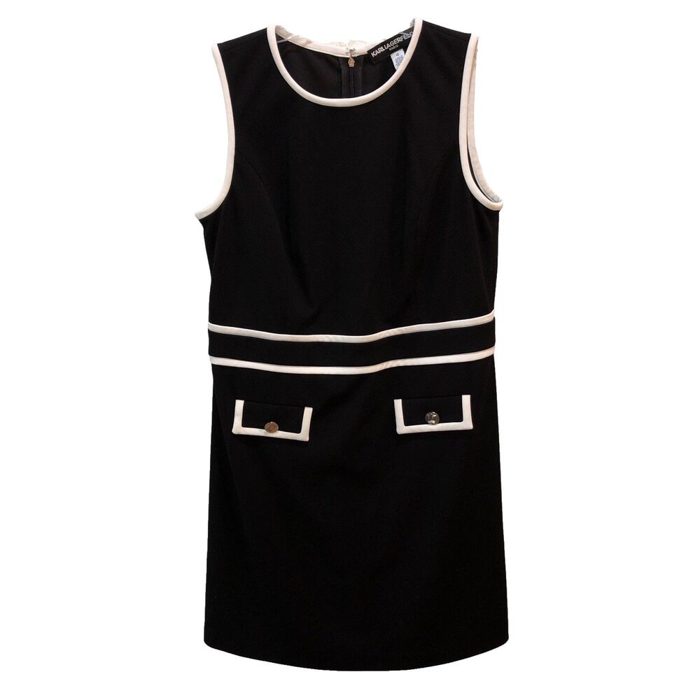 Karl Lagerfeld Paris Size 12 Black White Sheath Dress Sleeveless Gold Buttons